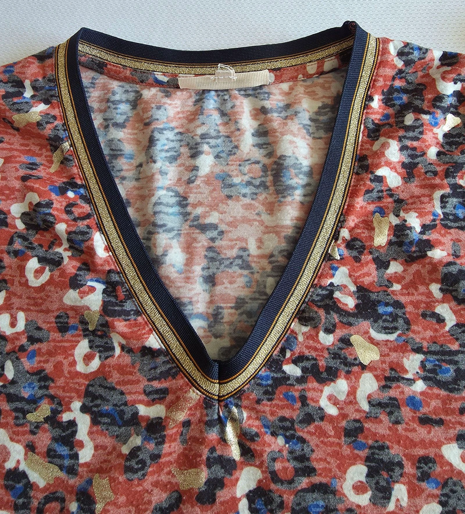 Grain de Malice coral and gold leopard print t-shirt XL 42 44 3/4 sleeve top – photo 5